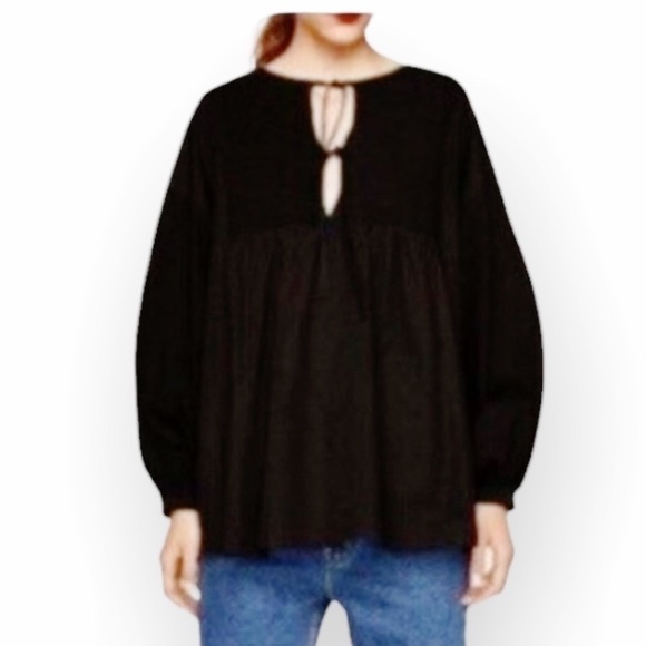 NWT ZARA Black Tie Front Peasant Tunic Top size S - Picture 2 of 8